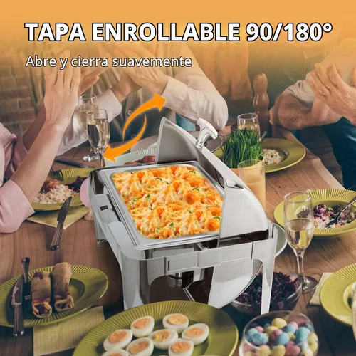 Vista 4 de ROVSUN - Juego de 3 platos de bufé con tapa enrollable, 9 cuartos de galón de acero inoxidable rectangular para catering, servidores de bufé