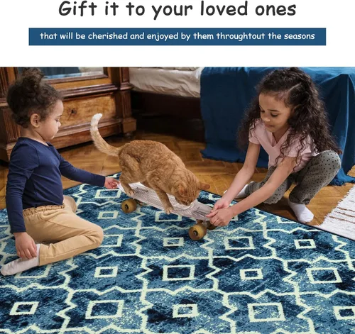 Vista 4 de Moynesa Alfombra marroquí lavable de 2 x 3 pulgadas, pequeña, azul, para cocina, baño, suave, antideslizante, de pelo bajo, moderna, geométrica