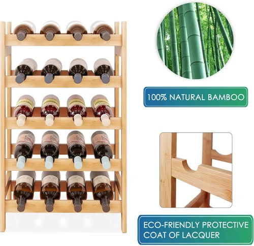 Vista 5 de SMIBUY Estante de bambú para vino, soporte para 20 botellas, estantes de almacenamiento independientes de 5 niveles para cocina, despensa, bodega