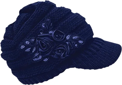 Vista 11 de C-US Gorro de invierno para mujer de punto con ala tejida y visera con detalle de flor Negro