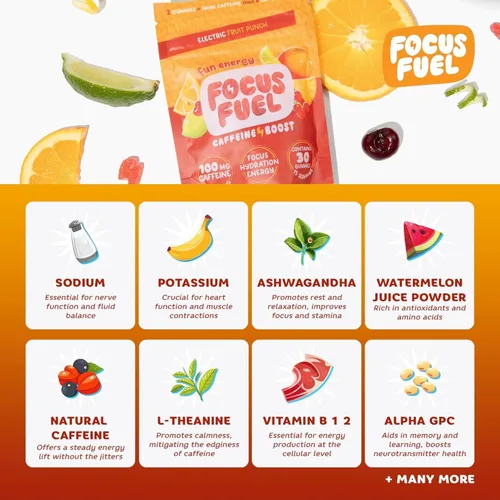 Vista 2 de FocusFuel Energy Chews - Paquete de muestra de ponche de frutas (36 porciones) - 100 mg de cafeína + Alpha GPC + L-teanina + B12, magnesio - Sin