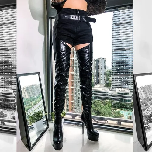 Vista 4 de Botas altas hasta el muslo sexy para mujer, con plataforma con cinturón, a la moda, sobre la rodilla, tacones de aguja, botas largas
