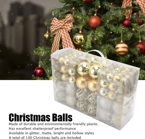Vista 3 de Juego de 100 adornos de bolas de Navidad, decoraciones colgantes de temporada, bolas de Navidad de plástico inastillables, juego a granel para Dorado