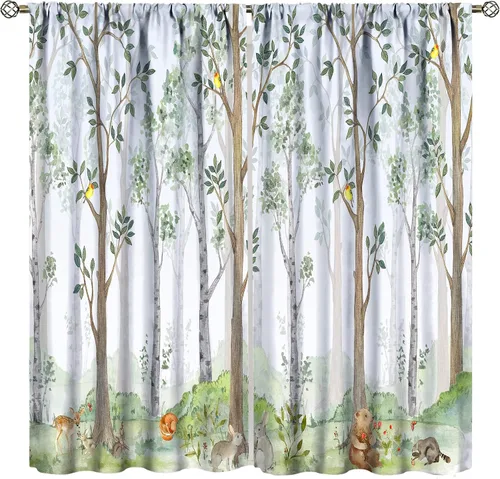 Vista 11 de Cortinas de animales del bosque, tratamientos de ventana para dormitorio del hogar, decoración de ventana de caricaturas, oso de acuarela, ardilla