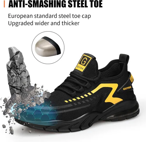 Vista 2 de GLANOUDUN Zapatos con punta de acero para hombre, zapatos de trabajo para hombres, zapatos de seguridad ligeros y cómodos, puntera de acero, zapatos