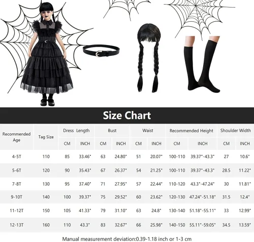 Vista 4 de Zalongye Disfraz de Wednesday addams para niñas, disfraz de la familia Addams, vestido de fiesta de Halloween, cosplay de 4 a 13 años