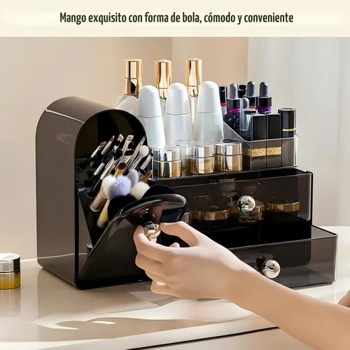 Vista 2 de Organizador de maquillaje para tocador con soporte de cepillo cubierto, organizadores de baño con cajón, organizador de cuidado de la piel