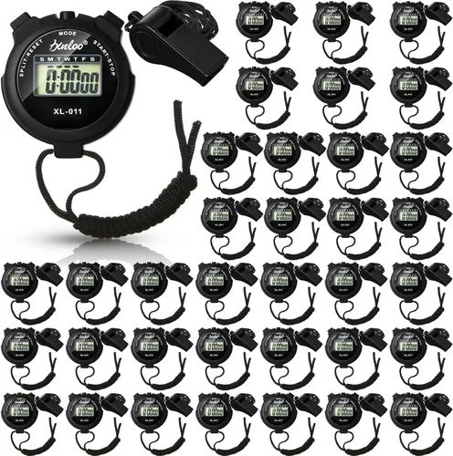 Vista 8 de Simgoing 48 piezas cronómetro digital temporizador de plástico silbato a granel para entrenadores deportivos, árbitro, reloj impermeable con Negro