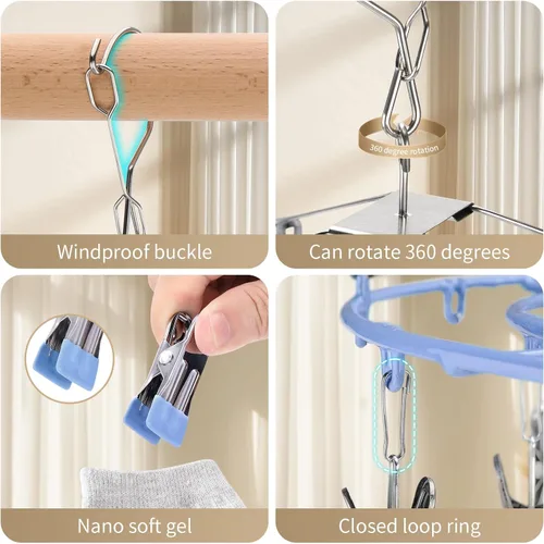 Vista 3 de PHYDELU Estante de secado para ropa con 24 clips, colgador de calcetines para secar, colgar ropa para secadora, ropa interior, perchas para ropa