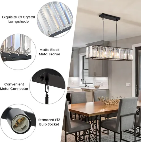 Vista 8 de Siljoy Candelabro rectangular moderno de cristal, 5 luces, color negro, rectangular, con forma de gota de lluvia, lámpara de techo colgante lineal