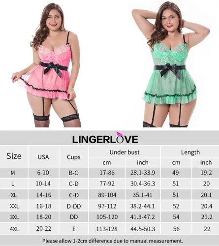 Vista 3 de LINGERLOVE Lencería sexy para mujer, babydoll de encaje de talla grande con copas push up con aros