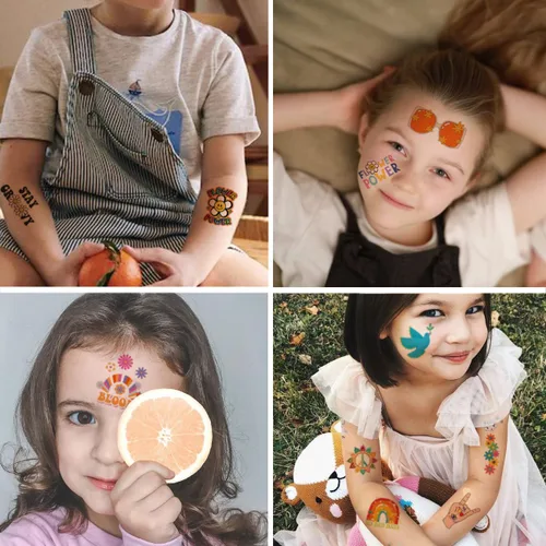 Vista 5 de CHARLENT Tatuajes temporales hippie para niños, 79 piezas Groovy 70s Flower Power Peace and Love Tattoos para niños y niñas, suministros de fiesta