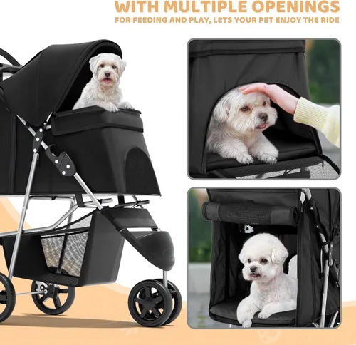 Vista 9 de Magshion Cochecito para mascotas de 3 ruedas, cochecito de viaje plegable para perros y gatos pequeños y medianos (hasta 33 libras), transportador
