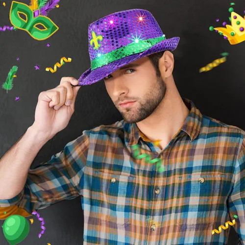 Vista 7 de 8 piezas Mardi Gras - Sombrero de fedora con lentejuelas LED, sombrero de vaquero intermitente