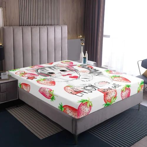 Vista 5 de Erosebridal Lindas sábanas de gato Kawaii fresa tamaño individual para niñas, diseño de arcoíris de dibujos animados, juegos de sábanas y fundas