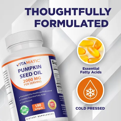 Vista 4 de Vitamatic Aceite de semilla de calabaza 2000 mg cápsulas de cápsulas, 180 cápsulas blandas 1000mg por cápsula blanda