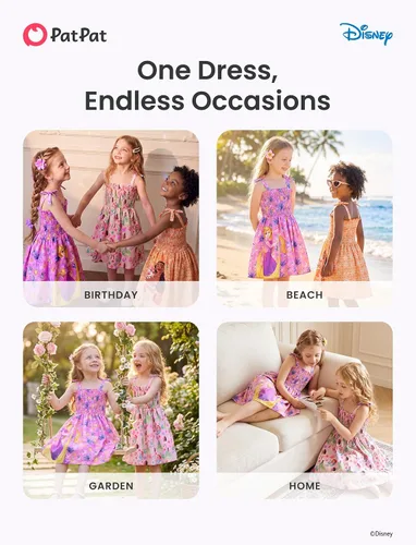 Vista 8 de Disney Vestido de princesa Frozen, Elsa, Minnie Stitch, para niña, con lazo, tirantes fruncidos, traje de verano, para fiesta de cumpleaños, 2-9 años