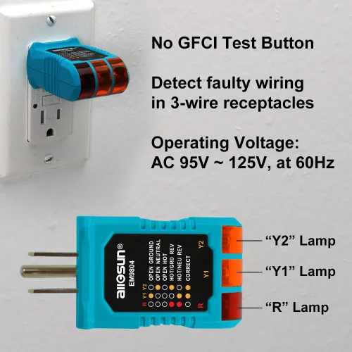 Vista 2 de allsun Probador de analizador de toma de corriente de receptáculo eléctrico, estándar 95-125 VAC, detector de cableado defectuoso de circuito con 6