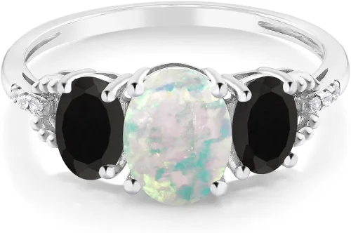 Vista 2 de Gem Stone King Anillo de compromiso de oro blanco de 10 quilates con ópalo blanco simulado de ónix negro y diamante con acento de 3 piedras