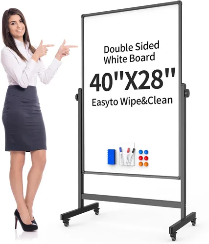 Vista 10 de Pizarra blanca móvil de 40 x 28 pulgadas, pizarra magnética de borrado en seco de doble cara, pizarra blanca ajustable en altura con soporte