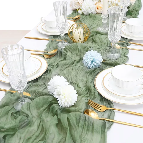 Vista 8 de LuoluoHouse Beige Gauze Table Runner 17x120 Inch Summer Boho Cheesecloth Runner Fabric for Wedding Reception Party Decor Bridal Shower Bulk Table