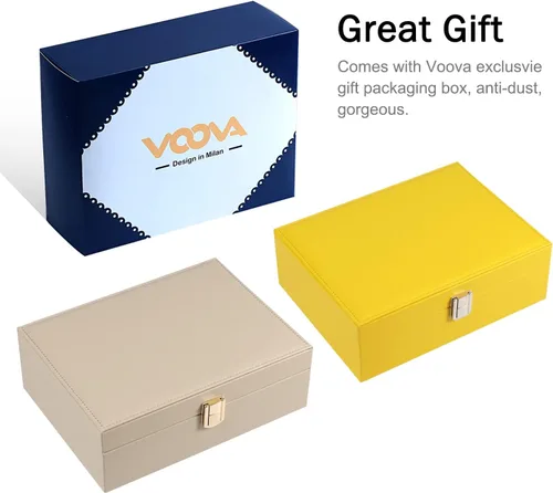 Vista 7 de Voova Joyero organizador para mujeres y niñas, 2 capas grandes para hombres, estuche de almacenamiento de joyas de piel sintética con bandeja