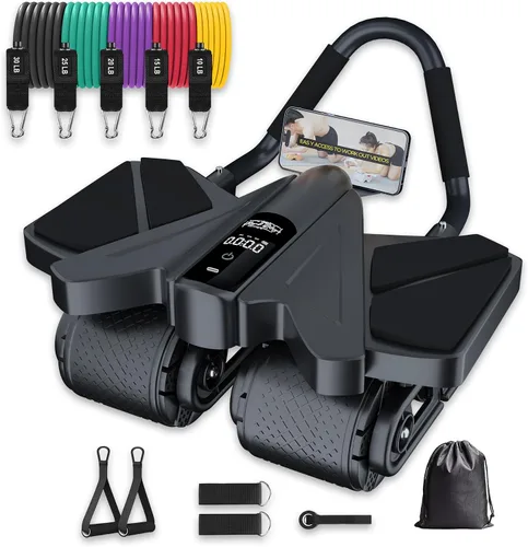 Vista 7 de Ab Roller - Equipo de gimnasio en casa – Rodillo muscular de 4 ruedas con pantalla LCD, 5 bandas de resistencia, correas de tobillo, anclaje