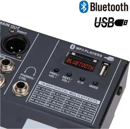 Vista 5 de Boytone BT-60MX, mezclador de audio Bluetooth de 6 canales, controlador de sonido DJ, reproductor de MP3 USB, conector de micrófono XLR, ecualizador