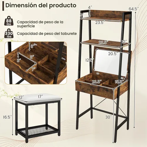 Vista 7 de GOFLAME Juego de mesa de tocador con espejo abatible, escritorio de tocador de escalera y taburete acolchado con estantes y compartimentos de negro