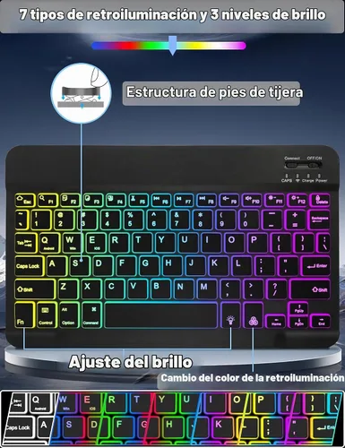 Vista 2 de Funda universal con teclado para 9.7", 10.1", 10.2", 10.5", 10.9", 11" Tablets iPad Samsung Fire Pixel Android 10.1 inch, 7 Color Rainbow Backlit