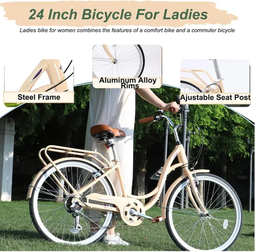 Vista 3 de WEEROCK 24/26 Inch Adult Bike Ladies Cruiser Bicycle 7 Speeds Steel Frame Cith Bikes Commuter Cycle for Women, Men, Seniors, Multi