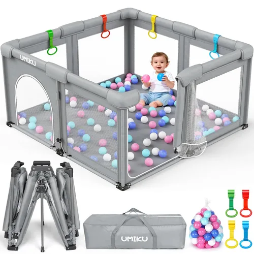 Vista 10 de Corralito plegable para bebés y niños pequeños, corralitos grandes portátiles con 2 puertas, patio de juegos para niños, valla para interiores
