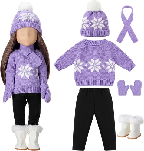 Vista 11 de Bencailor 6 piezas de ropa y accesorios de Navidad para muñeca de 18 pulgadas, conjunto de ropa de invierno con suéteres, pantalones, sombreros Negro
