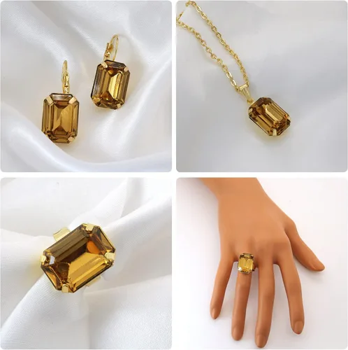 Vista 4 de HSQYJ Conjunto de joyas de cristal de color de moda, colgante de geometría rectangular, collar de diamantes de imitación, anillos y pendientes