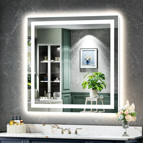 Vista 13 de Espejo de baño LED de 24x30 pulgadas con luces, espejo de tocador frontal y retroiluminado para pared de baño con 3 colores, regulable