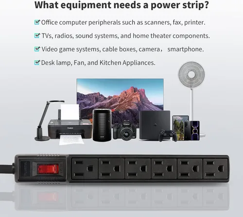 Vista 7 de PLUGTUL Paquete de 2 protectores de sobretensiones con 6 tomas de corriente y cable de extensión de 2 pies, 1875 W/15 A, 90 julios, protección Negro