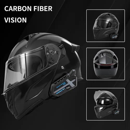 Vista 4 de Cascos modulares Bluetooth para motocicleta con luces traseras, aprobado por DOT, casco de motocicleta de doble visera, con altavoces duales
