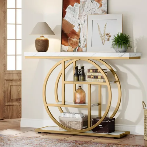 Vista 4 de Tribesigns Mesa de Consola de 41.3 pulgadas, Mesa Industrial de 4 Niveles para Sofá de Entrada con Base Circular, Mesas Decorativas de Madera Oro