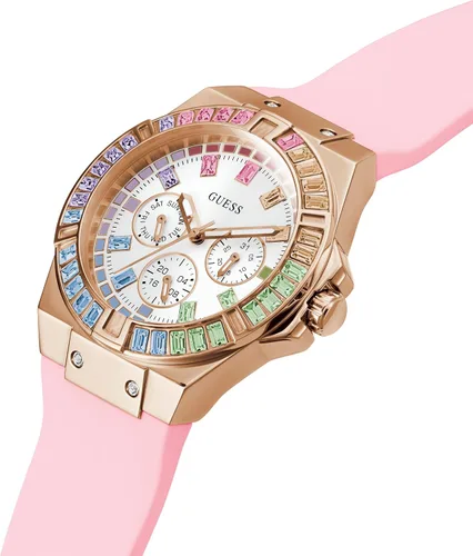Vista 4 de GUESS Reloj para mujer de 1.535 in - Correa rosa esfera blanca caja en tono oro rosa, Rosado, Moderno