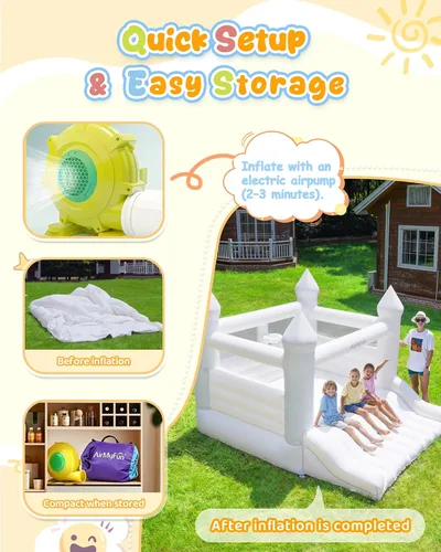Vista 6 de AirMyFun Casa de rebote blanca para niños de 3 a 10 años, casa de rebote con soplador, tobogán y aro de bola, castillo inflable de salto