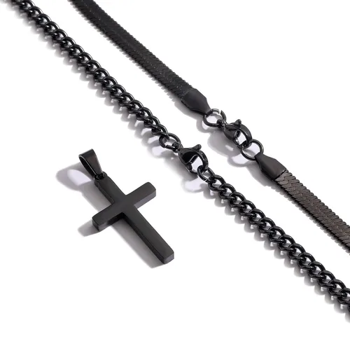 Vista 5 de Zocomi Collar de cruz para hombres y niños, de acero inoxidable en capas, cadena de espiga cubana, colgante de cruz religiosa, joyería de moda