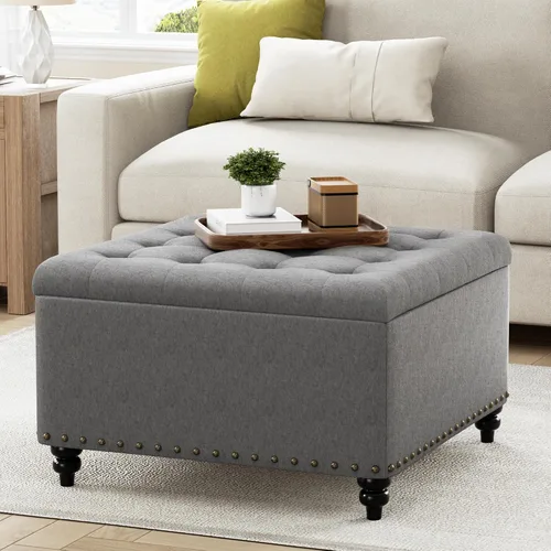 Vista 3 de HUIMO Otomana cuadrada de almacenamiento, mesa de centro otomana con almacenamiento para sala de estar (gris)