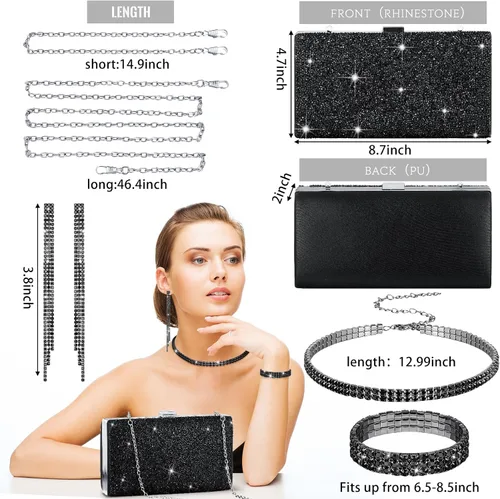 Vista 2 de Kigeli 4 piezas de diamantes de imitación para mujer, bolsa de embrague de noche, collar y pulsera para boda formal