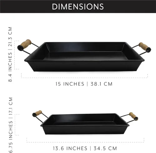 Vista 5 de AuldHome Design Bandejas rústicas esmaltadas (juego de 2, pequeñas y medianas, negras); bandejas rectangulares de decoración de granja con asas