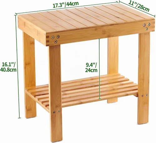 Vista 3 de VaeFae Banco de ducha de bambú, taburete de asiento de banco de spa, taburete de afeitar con pies antideslizantes y estante de almacenamiento