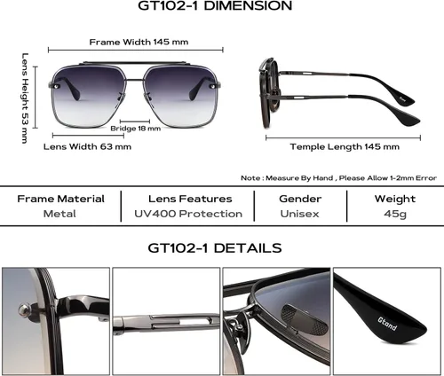 Vista 5 de Gtand Gafas de sol cuadradas de gran tamaño con degradado de aviador para hombres y mujeres gafas de sol de metal vintage de 2480in