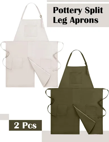 Vista 3 de 2 delantales de cerámica ajustables con pierna dividida, delantal de cerámica con 3 bolsillos, para mujeres y hombres, rueda de cerámica para beige