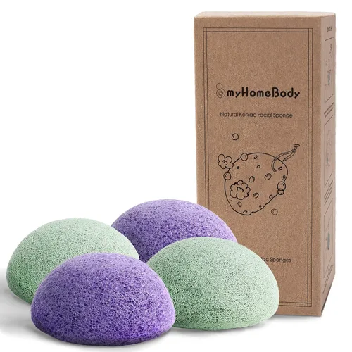 Vista 11 de myHomeBody Esponjas faciales naturales de Konjac - para una limpieza y exfoliación facial suave - con carbón activado y aloe vera, juego de 4