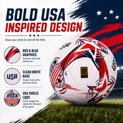 Vista 6 de Balón de fútbol americano CLASICO – Tamaño 5, balón de partido con base blanca limpia y colores rojo y azul de EE. UU., incluye bomba y aguja