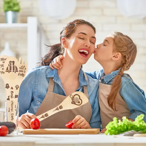 Vista 5 de Eartim Cucharas de madera para el Día de la Madre, juego de 5 cucharas de cocina antiadherentes, cucharas de bambú quemadas, espátula ranurada